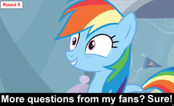 Size: 1600x973 | Tagged: safe, rainbow dash, pegasus, pony, comic:celestia's servant interview, g4, caption, cs captions, female, interview, mare, solo