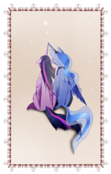 Size: 576x900 | Tagged: dead source, safe, artist:skyeypony, princess luna, twilight sparkle, alicorn, pony, female, horns are touching, lesbian, mare, shipping, sitting, twilight sparkle (alicorn), twiluna