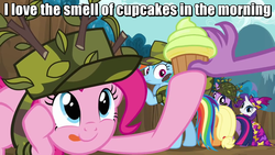 Size: 1280x720 | Tagged: safe, edit, edited screencap, screencap, applejack, pinkie pie, rainbow dash, rarity, spike, twilight sparkle, dragon, earth pony, pegasus, pony, unicorn, dragon quest, g4, apocalypse now, cupcake, horn, movie quote, movie reference