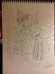 Size: 870x1160 | Tagged: safe, artist:andy price, applejack, princess luna, g4, american flag, clothes, communism, monochrome, russian, traditional art, uniform