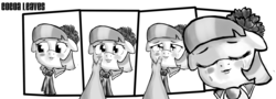 Size: 2152x775 | Tagged: safe, artist:gab0o0, coco pommel, human, g4, adorable face, blushing, cocobetes, comic, crying, cute, fourth wall, hand, kissing, looking at you, monochrome, petting, solo focus