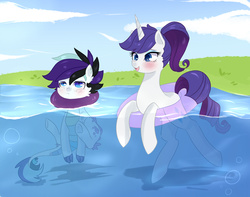 Size: 3300x2600 | Tagged: safe, artist:kraytt-05, rarity, oc, oc:intimidating fang, dracony, hybrid, pony, g4, alternate hairstyle, blushing, cute, floating, floaty, high res, inner tube, interspecies offspring, mother and son, offspring, parent:rarity, parent:spike, parents:sparity, smiling, water