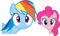 Size: 13294x8015 | Tagged: safe, artist:geometrymathalgebra, pinkie pie, rainbow dash, earth pony, pegasus, pony, g4, tanks for the memories, absurd resolution, cute, dashabetes, diapinkes, female, looking at you, mare, simple background, smiling, transparent background, vector, wide eyes