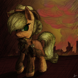 Size: 3000x3000 | Tagged: safe, artist:whazzam95, applejack, earth pony, pony, fallout equestria, g4, alternate universe, clothes, cowboy hat, fanfic, fanfic art, female, hat, high res, hooves, mare, ministry mares, ministry of wartime technology, solo