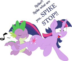 Size: 2560x2159 | Tagged: safe, artist:joey darkmeat, artist:qcryzzy, spike, twilight sparkle, g4, eyes closed, music notes, open mouth, raised hoof, running, simple background, smiling, stahp, transparent background, vector, wheelbarrow, wide eyes