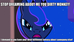 Size: 1443x814 | Tagged: safe, princess luna, g4, angry, demands, dream, engrish, female, frown, glare, image macro, looking at you, meme, meta, misanthropy, open mouth, solo