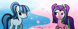 Size: 1060x400 | Tagged: safe, artist:nintendash, aria blaze, sonata dusk, earth pony, pony, g4, 2014, banner, duo, duo female, earth pony aria blaze, earth pony sonata dusk, equestria girls ponified, female, mare, ponified