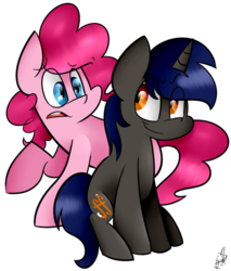Size: 824x969 | Tagged: safe, artist:befishproductions, artist:fortimpression, pinkie pie, oc, g4, commission, confused, cute, friendshipping, signature, simple background, transparent background