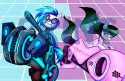 Size: 1200x776 | Tagged: safe, artist:jitterbugjive, artist:sinsays, dj pon-3, octavia melody, vinyl scratch, g4, crossover, lightcycle, motorcycle, obtrusive watermark, tron, watermark