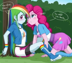 Size: 957x833 | Tagged: safe, artist:uotapo, pinkie pie, rainbow dash, equestria girls, friendship games, pinkie spy (short), balloon, bedroom eyes, blushing, boots, bracelet, clothes, dialogue, duo, female, high heel boots, jewelry, lesbian, olfactophilia, parody, personal space invasion, pinkiedash, scene interpretation, scene parody, shipping, short, skirt, sniffing, socks, too close, tree, uncomfortable