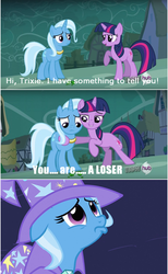 Size: 558x903 | Tagged: safe, trixie, twilight sparkle, pony, unicorn, g4, magic duel, bullying, female, mare, out of character, trixiebuse, twibitch sparkle