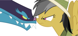 Size: 6518x3000 | Tagged: safe, artist:dashiesparkle, ahuizotl, daring do, daring don't, g4, absurd resolution, boop, clothes, duo, eye contact, face to face, nose to nose, noseboop, sharp teeth, simple background, transparent background, vector