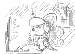 Size: 1933x1388 | Tagged: safe, artist:luckythedog, princess luna, gamer luna, g4, call, castle, computer, computer mouse, cup, drinking, headphones, keyboard, magic, monitor, monochrome, ponytail, sketch