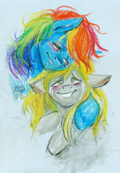 Size: 2267x3254 | Tagged: safe, artist:arainmorn, derpy hooves, rainbow dash, pegasus, pony, g4, crying, female, floppy ears, high res, hug, lesbian, mare, oil pastel, oil pastels, ship:derpydash, shipping, smiling, traditional art