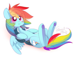 Size: 850x643 | Tagged: safe, artist:ende26, rainbow dash, pegasus, pony, g4, :t, blushing, clothes, cute, dashabetes, eye clipping through hair, female, lying down, mare, on back, simple background, solo, spread wings, underhoof, wavy mouth, white background, wings