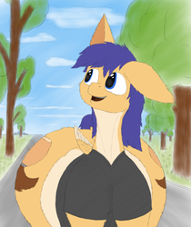 Size: 891x1063 | Tagged: safe, artist:jesseorange, oc, oc only, oc:jesse orange, pegasus, pony, clothes, fat, front view butt, impossibly wide hips, male, outdoors, shirt, trail, tree, wide hips