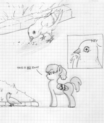 Size: 1904x2245 | Tagged: artist needed, safe, oc, oc:peep, bird, bird pone, pigeon, caught, comic, crumbs, eating, graph paper, grass, monochrome, territory, traditional art
