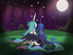 Size: 2048x1536 | Tagged: safe, artist:bratzoid, princess celestia, princess luna, g4, both cutie marks, duo, hug, moon, night, siblings, sisters, stars, winghug