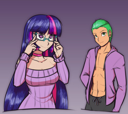 Size: 1191x1065 | Tagged: safe, artist:scorpdk, spike, twilight sparkle, human, g4, abs, belly button, breasts, choker, chokertwi, cleavage, clothes, collarbone, cute, duo, duo male and female, female, glasses, gray background, hoodie, humanized, i can't believe it's not sci-twi, long hair, looking at you, male, off shoulder, off shoulder sweater, older, older spike, open clothes, open shirt, pants, pecs, simple background, smiling, sweater, sweatpants