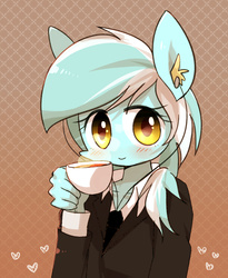 Size: 984x1200 | Tagged: safe, artist:joycall6, lyra heartstrings, anthro, g4, ambiguous facial structure, business suit, clothes, coffee, cup, ear fluff, earbuds, female, solo, suit, teacup