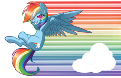 Size: 900x581 | Tagged: safe, artist:haydee, rainbow dash, pegasus, pony, g4, cloud, female, hooves behind head, looking at you, mare, simple background, solo