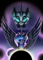 Size: 1200x1662 | Tagged: safe, artist:iraincloud, nightmare moon, princess luna, g4, black background, bust, duality, ethereal mane, fangs, front view, portrait, simple background, spread wings, starry mane, wings