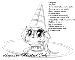 Size: 1587x1283 | Tagged: safe, artist:randy, oc, oc only, oc:aryanne, food pony, original species, black and white, cake, cute, grayscale, monochrome, necklace, plate, recipe, smiling, solo, table, text, waffle