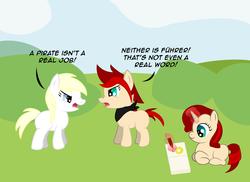 Size: 1486x1080 | Tagged: safe, artist:anonymousdrawfig, oc, oc only, oc:aryanne, oc:red pone (8chan), oc:ruby (8chan), /pone/, 8chan, argument, bush, clothes, cloud, coloring, coloring book, dialogue, female, filly, frown, meadow, scarf, sky, standing, text