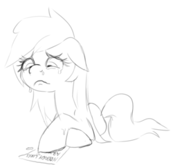 Size: 960x917 | Tagged: safe, artist:opnioc, oc, oc only, oc:aryanne, earth pony, pony, black and white, crying, female, frown, grayscale, letter, monochrome, paper, prone, sad, sketch, solo