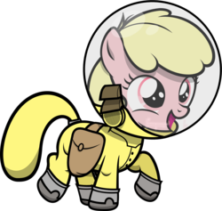 Size: 1679x1591 | Tagged: safe, artist:zacatron94, oc, oc only, oc:puppysmiles, earth pony, pony, fallout equestria, fallout equestria: pink eyes, fanfic, fanfic art, female, filly, foal, hazmat suit, hooves, open mouth, saddle bag, simple background, solo, transparent background