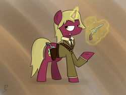 Size: 2000x1500 | Tagged: safe, artist:pandramodo, oc, oc only, oc:flask, pony, unicorn, bullet, clothes, grin, gun, konami, magic, metal gear, metal gear solid, necktie, revolver, revolver ocelot, smirk, solo, telekinesis, weapon