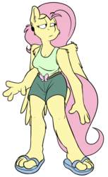 Size: 767x1253 | Tagged: safe, artist:silverscarf, derpibooru exclusive, fluttershy, anthro, plantigrade anthro, g4, belt, belt buckle, clothes, feet, female, sandals, shorts, solo, tank top, toes