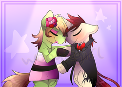 Size: 2054x1454 | Tagged: dead source, safe, artist:woogiegirl, earth pony, pony, unicorn, clothes, crossover, dancing, dress, female, gala dress, gwen stacy, male, peter parker, ponified, shipping, slow dancing, spider-gwen, spider-man, spiders and magic iv: the fall of spider-mane, spiders and magic: rise of spider-mane, straight, tuxedo, watermark