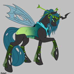 Size: 1200x1200 | Tagged: safe, artist:backlash91, queen chrysalis, changeling, changeling queen, g4, alternate hairstyle, concave belly, crown, female, fit, regalia, slender, solo, story included, thin