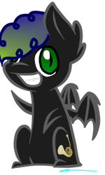 Size: 210x350 | Tagged: safe, artist:rainbowlightin, oc, oc only, oc:super trampoline, bat pony, pony, curly hair, french horn, green eyes, musical instrument, simple background, smiling, solo, transparent background, waving