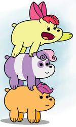 Size: 311x519 | Tagged: safe, artist:changeling #209458, apple bloom, scootaloo, sweetie belle, bear, g4, #bearstack, apple bloom riding sweetie belle, bear stack, bearified, bears riding bears, cutie mark crusaders, double riding, ponies riding ponies, ponies riding ponies riding ponies, riding, riding a bear, song in the comments, species swap, sweetie bear, sweetie belle riding scootaloo, we bare bears
