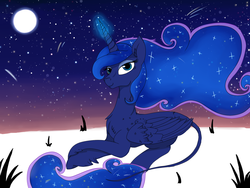Size: 1600x1200 | Tagged: artist needed, safe, princess luna, classical unicorn, g4, female, glowing horn, horn, leonine tail, looking at you, magic, moon, prone, solo, unshorn fetlocks
