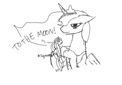 Size: 640x448 | Tagged: safe, artist:artylovr, princess celestia, princess luna, g4, female, luna is not amused, monochrome, plushie, sketch, squeeze me celly, to the moon, toy