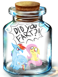 Size: 1500x2000 | Tagged: safe, artist:netoey, fluttershy, rainbow dash, pegasus, pony, g4, angry, blushing, bottle, cute, embarrassed, female, floppy ears, glare, implied farting, mare, open mouth, pony in a bottle, sad, sitting, this will end in death, wide eyes