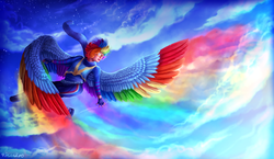 Size: 1856x1075 | Tagged: safe, artist:9de-light6, rainbow dash, human, g4, cloud, cloudy, female, flying, humanized, rainbow, solo, winged humanization