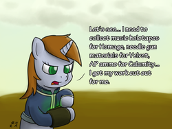 Size: 1280x960 | Tagged: safe, artist:mkogwheel, oc, oc only, oc:littlepip, pony, unicorn, fallout equestria, clothes, fanfic, fanfic art, female, jumpsuit, mare, newbie artist training grounds, pipbuck, solo, vault suit, wasteland