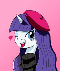 Size: 1000x1184 | Tagged: safe, artist:alloco, rarity, g4, beatnik rarity, beret, clothes, female, hat, heart, solo, sweater, wink