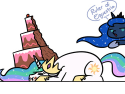 Size: 1280x960 | Tagged: safe, artist:flutterluv, princess celestia, princess luna, alicorn, pony, g4, cake, cakelestia, dialogue, duo, eyes closed, majestic as fuck, messy, messy eating, newbie artist training grounds, pointing, prone, simple background, speech bubble, white background