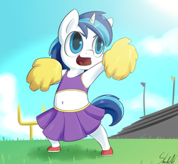 Size: 2000x1850 | Tagged: safe, artist:skecchiart, shining armor, anthro, g4, belly button, bipedal, bra on pony, cheerleader, chibi, clothes, crossdressing, cute, male, male cheerleader, midriff, open mouth, pom pom, shining adorable, skirt, solo, sports bra