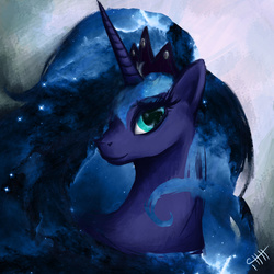 Size: 2480x2480 | Tagged: safe, artist:mellow-iris, princess luna, pony, g4, female, galaxy mane, looking at you, mare, portrait, pretty, smiling, solo