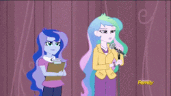 Size: 480x270 | Tagged: source needed, useless source url, safe, screencap, princess celestia, princess luna, principal celestia, vice principal luna, equestria girls, g4, my little pony equestria girls: friendship games, animated, celestia is not amused, discovery family logo, duo, female, luna is not amused, unamused