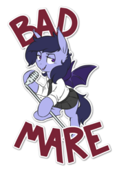 Size: 1024x1484 | Tagged: safe, artist:yeendip, oc, oc only, oc:moon rock, bat pony, pony, bedroom eyes, clothes, looking at you, microphone, singing, skirt, solo