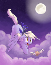 Size: 1687x2137 | Tagged: safe, artist:yeendip, derpy hooves, princess luna, alicorn, pegasus, pony, do princesses dream of magic sheep, g4, cloud, cloudy, derpysaur, dream, dream walker luna, duo, female, floppy ears, flying, full moon, giantess, luna riding derpy, macro, mare, moon, muffin, night, night sky, open mouth, ponies riding ponies, raised hoof, riding, sky, smiling, spread wings, winged muffin, wings