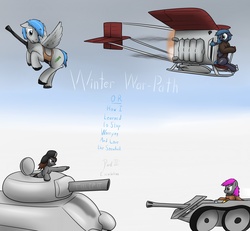 Size: 1280x1184 | Tagged: safe, artist:the-furry-railfan, oc, oc only, oc:crash dive, oc:featherweight, oc:night strike, oc:pressure cooker, earth pony, pegasus, pony, anti-tank rifle, cannon, clothes, diving suit, flying machine, hat, inflatable, jacket, m4 sherman, serious business, snow, snowball fight, story, tank (vehicle), title page, vehicle