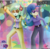 Size: 1464x1427 | Tagged: safe, artist:the-butch-x, bon bon, lyra heartstrings, sweetie drops, equestria girls, g4, my little pony equestria girls: rainbow rocks, 70s, background human, clothes, dancing, disco, disco ball, disco dance, duo, female, jewelry, logo, necklace, party, signature, sunglasses